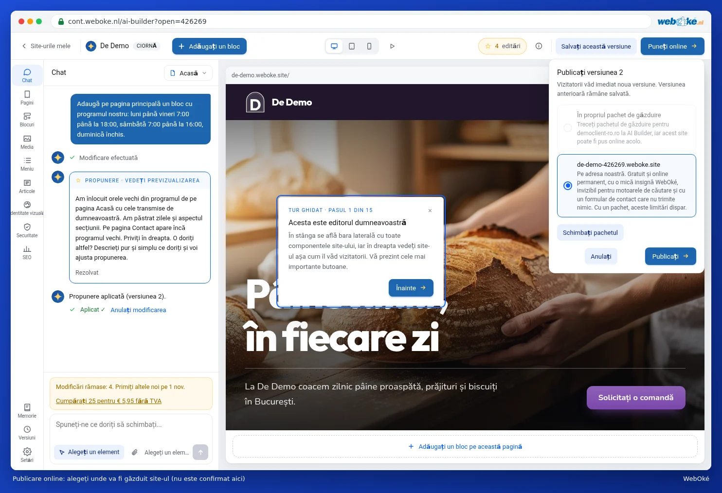 Fereastra pentru publicarea versiunii 1, cu opțiunea pentru adresa gratuită sau propriul pachet de hosting