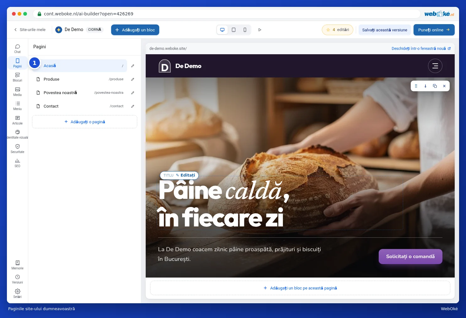 Panoul Pagini cu Pagina principală, Sortiment, Brutarii și Contact