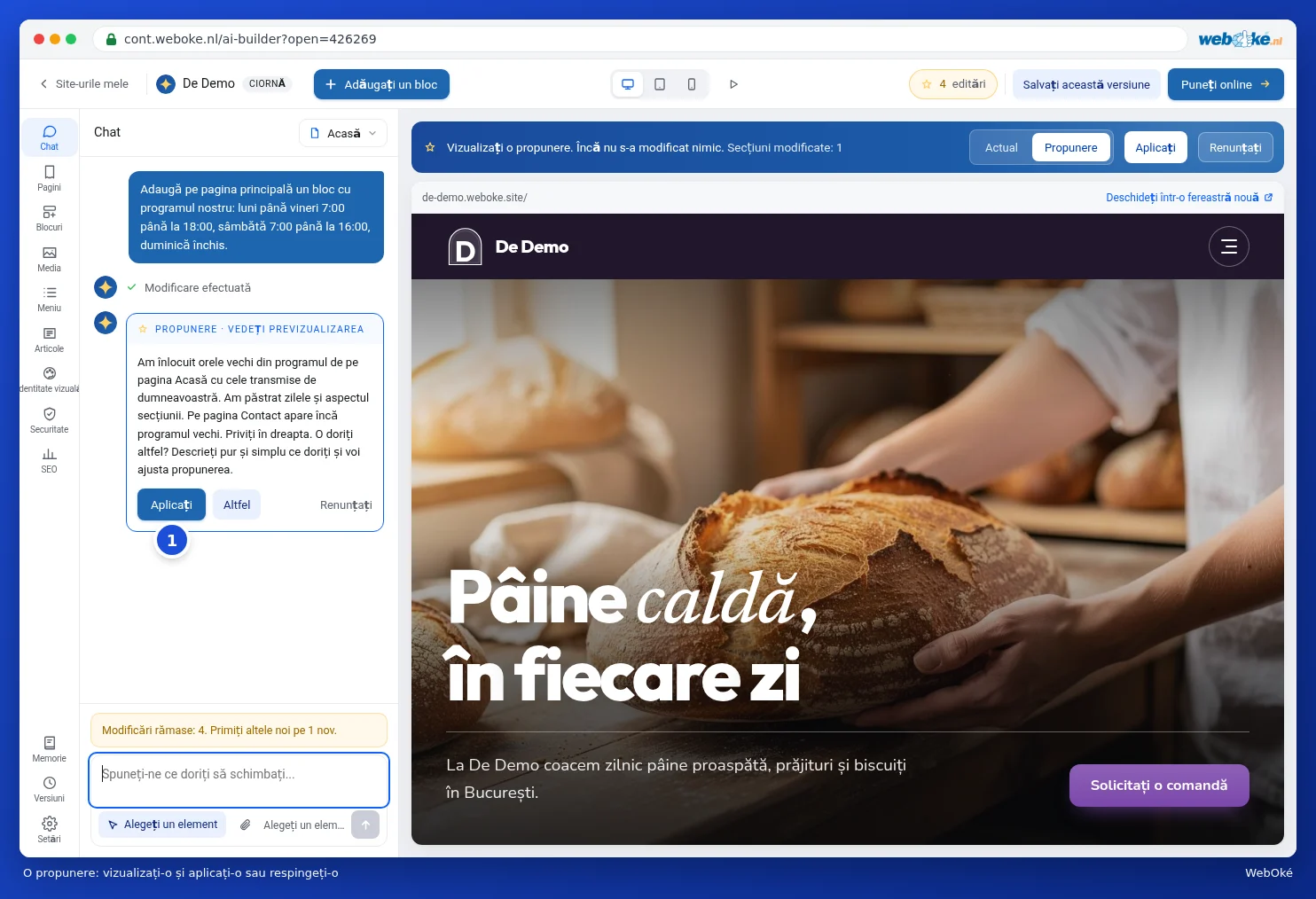 O propunere a AI-ului cu butoanele Aplicați, Altfel și Renunțați