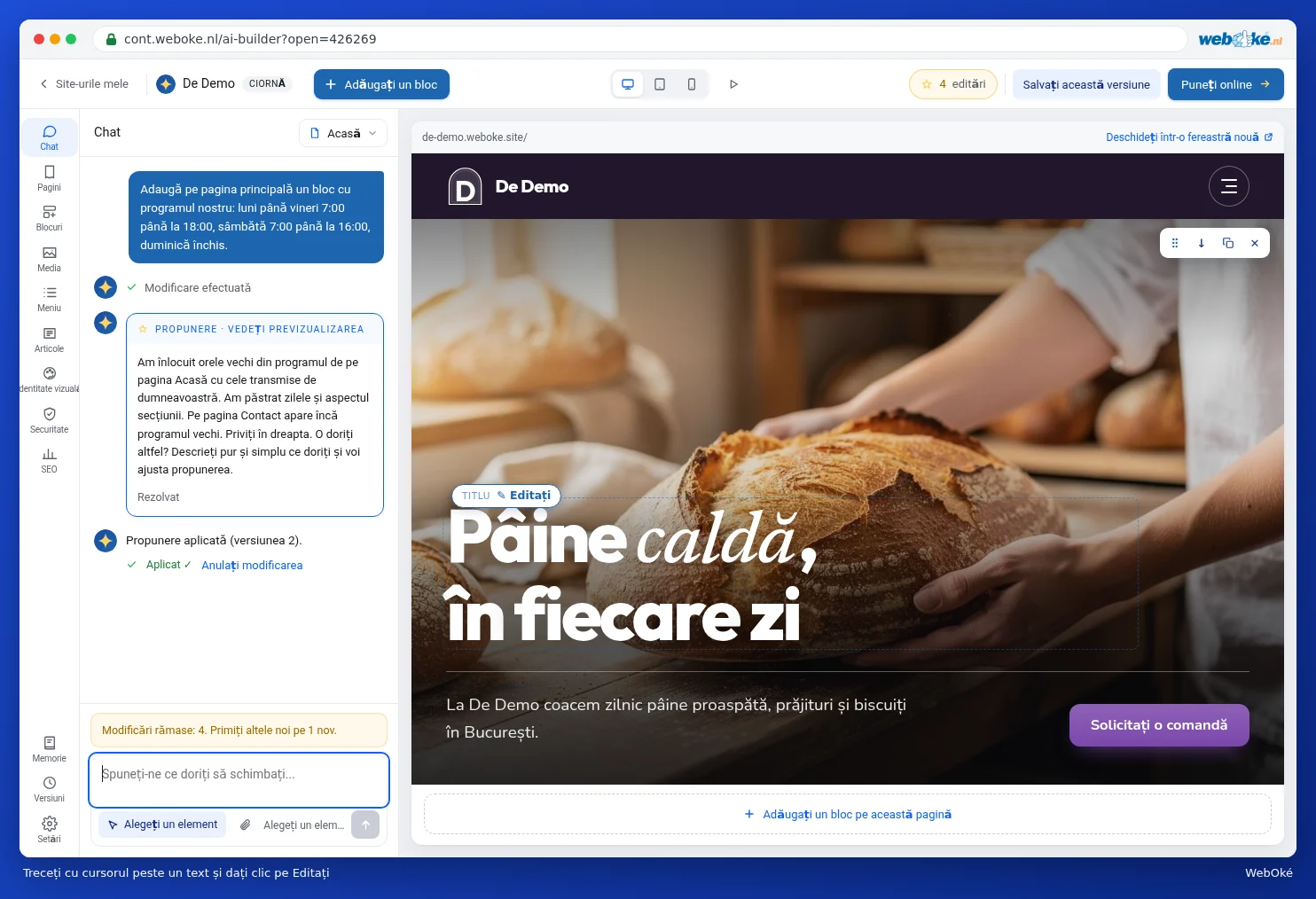Previzualizarea site-ului cu mouse-ul deasupra titlului mare