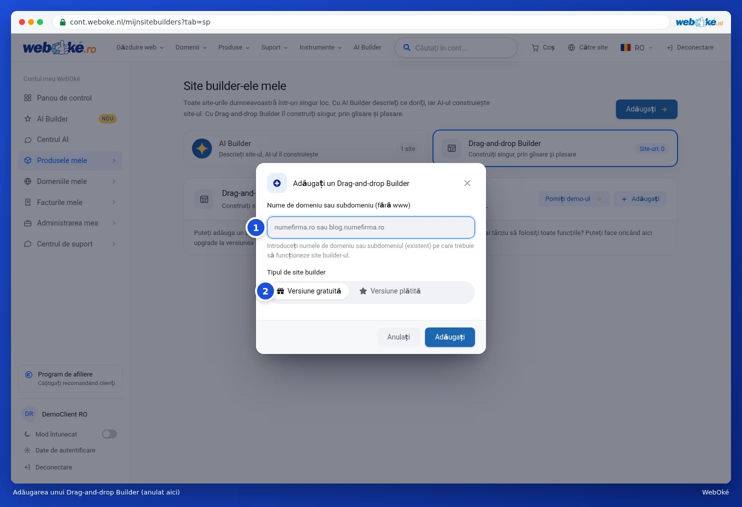 Fereastra Adăugați un Drag-and-drop Builder cu câmpul pentru numele de domeniu