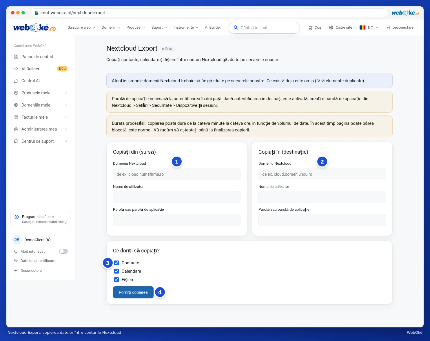 Pagina Nextcloud Export cu câmpurile pentru sursă și destinație