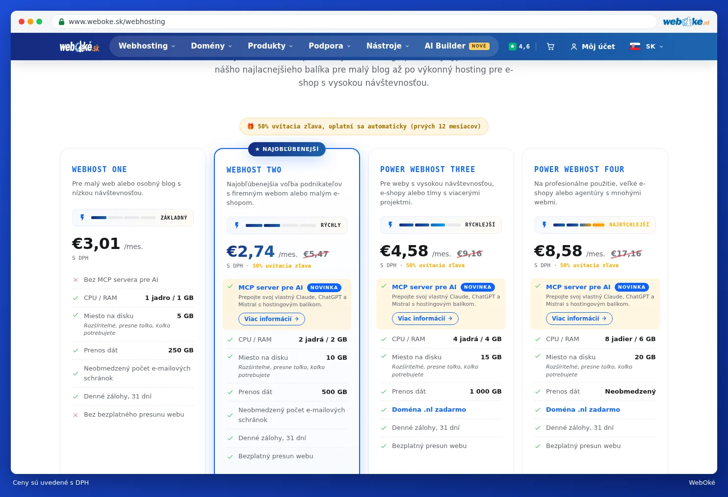 Balíky webhostingu s cenami vrátane DPH