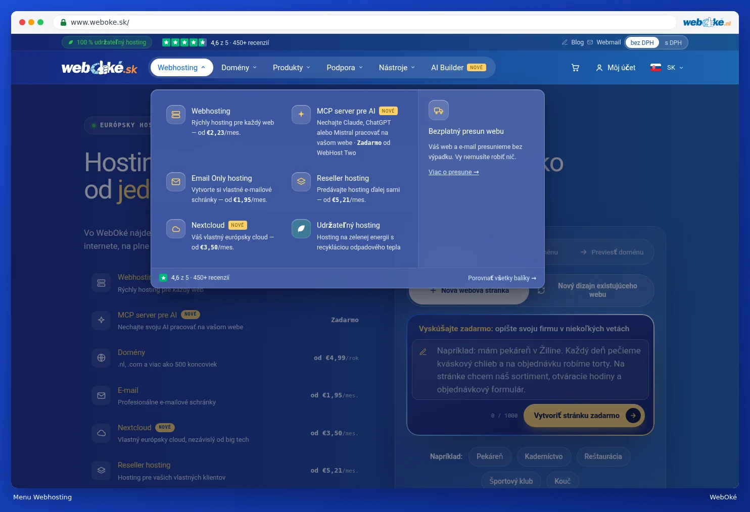 Rozbalené menu Webhosting