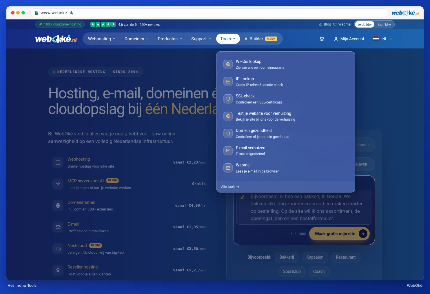 Het geopende menu Tools