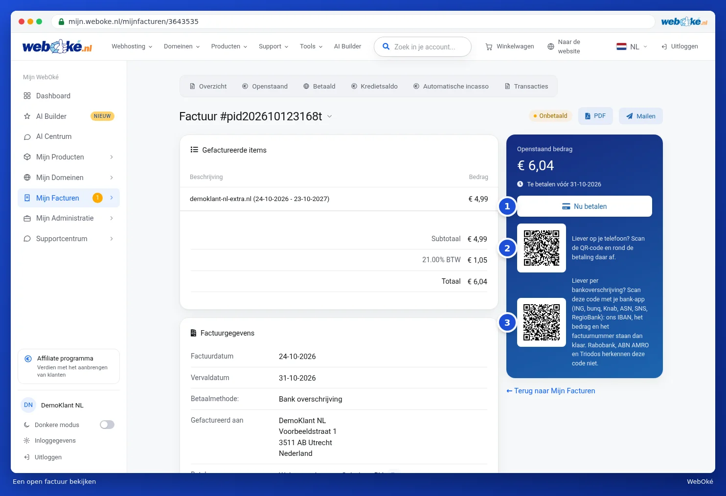 An outstanding invoice with the outstanding amount, the Pay now button and two QR codes on the right