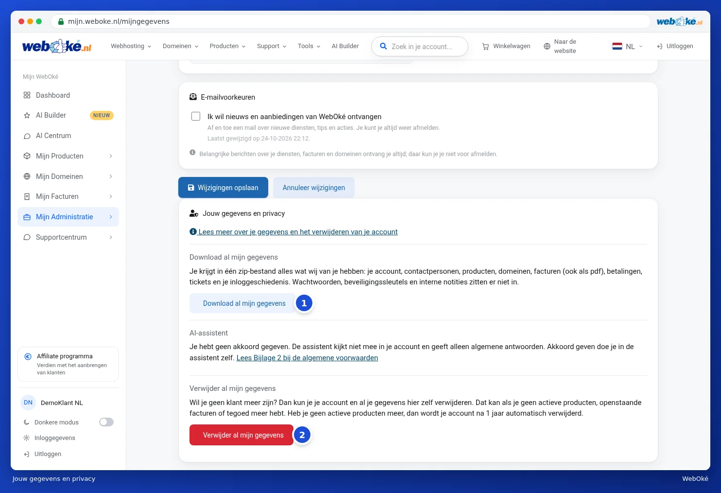 Tietosi ja yksityisyytesi -lohko lataus-, tekoälyavustaja- ja poistovalinnoilla