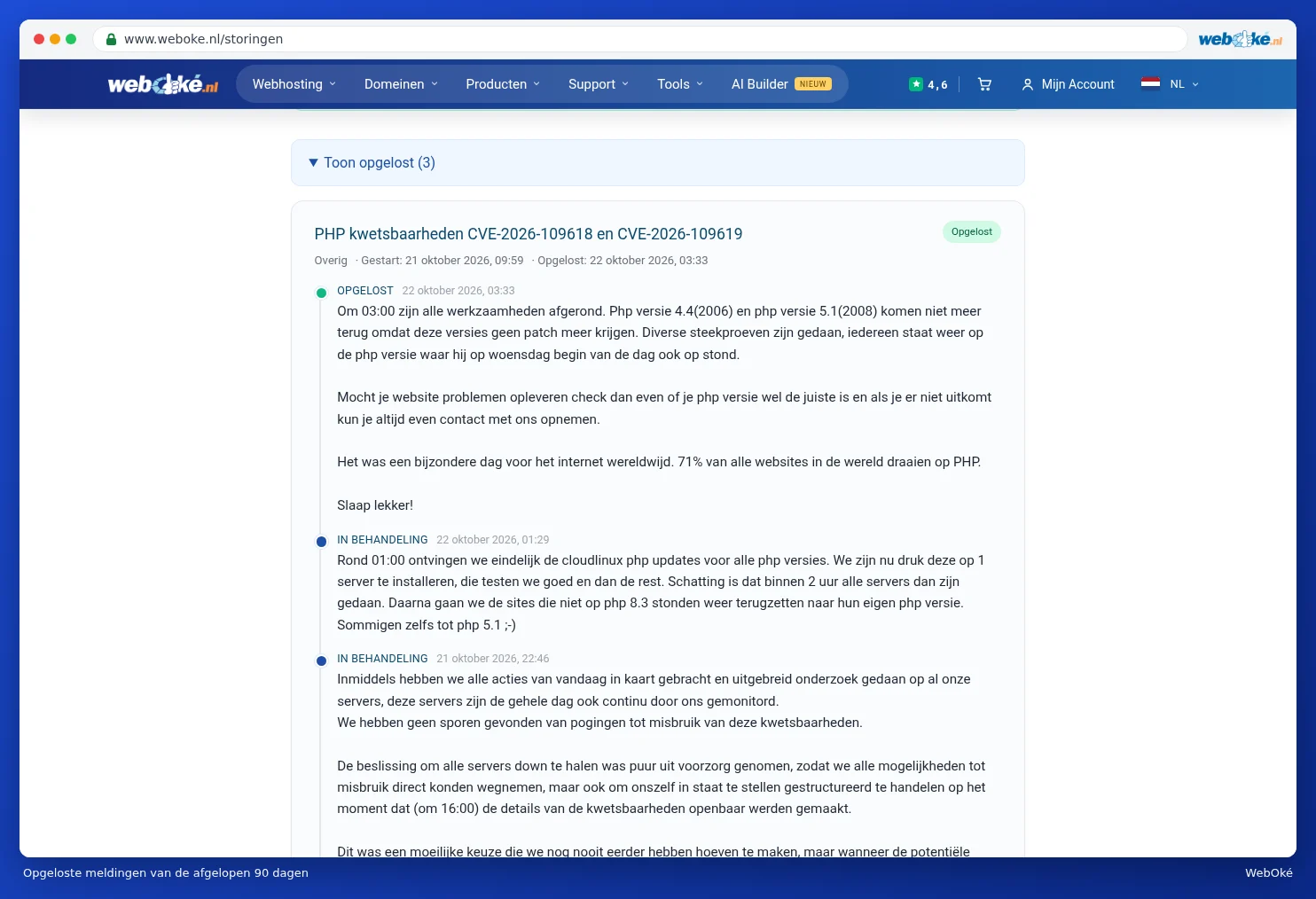 Eine behobene Meldung mit der Zeitleiste der Updates