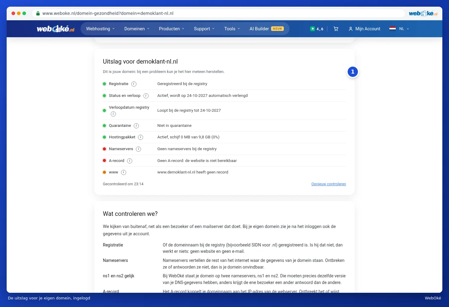 The result for the demo customer's own domain, with lines about status, expiry, quarantine and hosting package