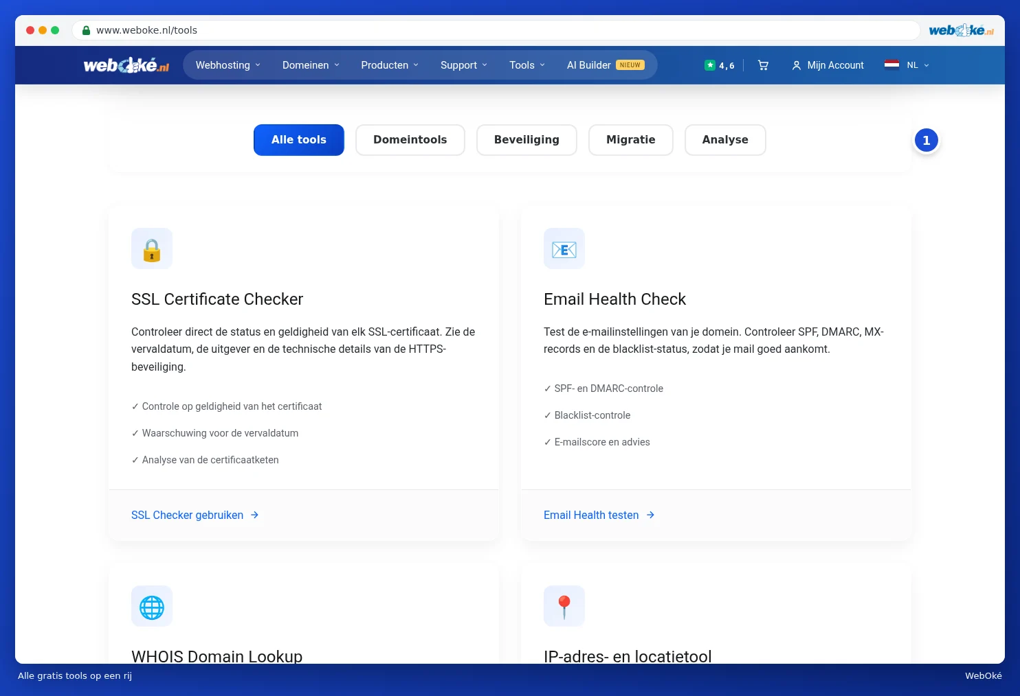 Het overzicht van alle tools met de filterknoppen bovenaan