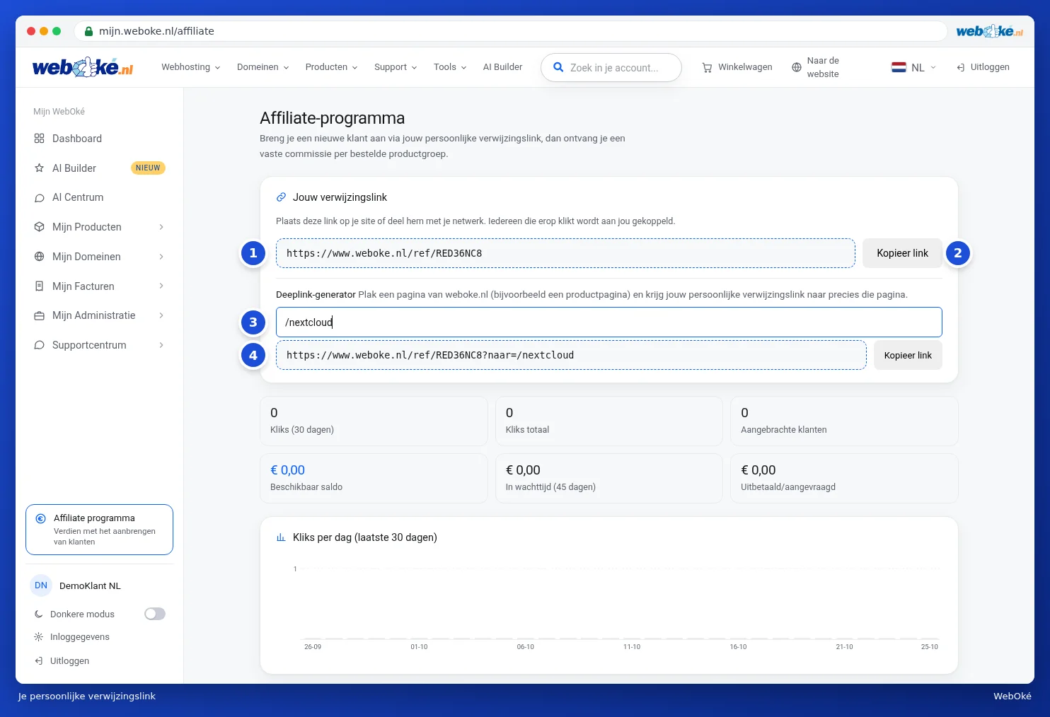 The affiliate dashboard with the referral link, the Copy link button and the deeplink generator