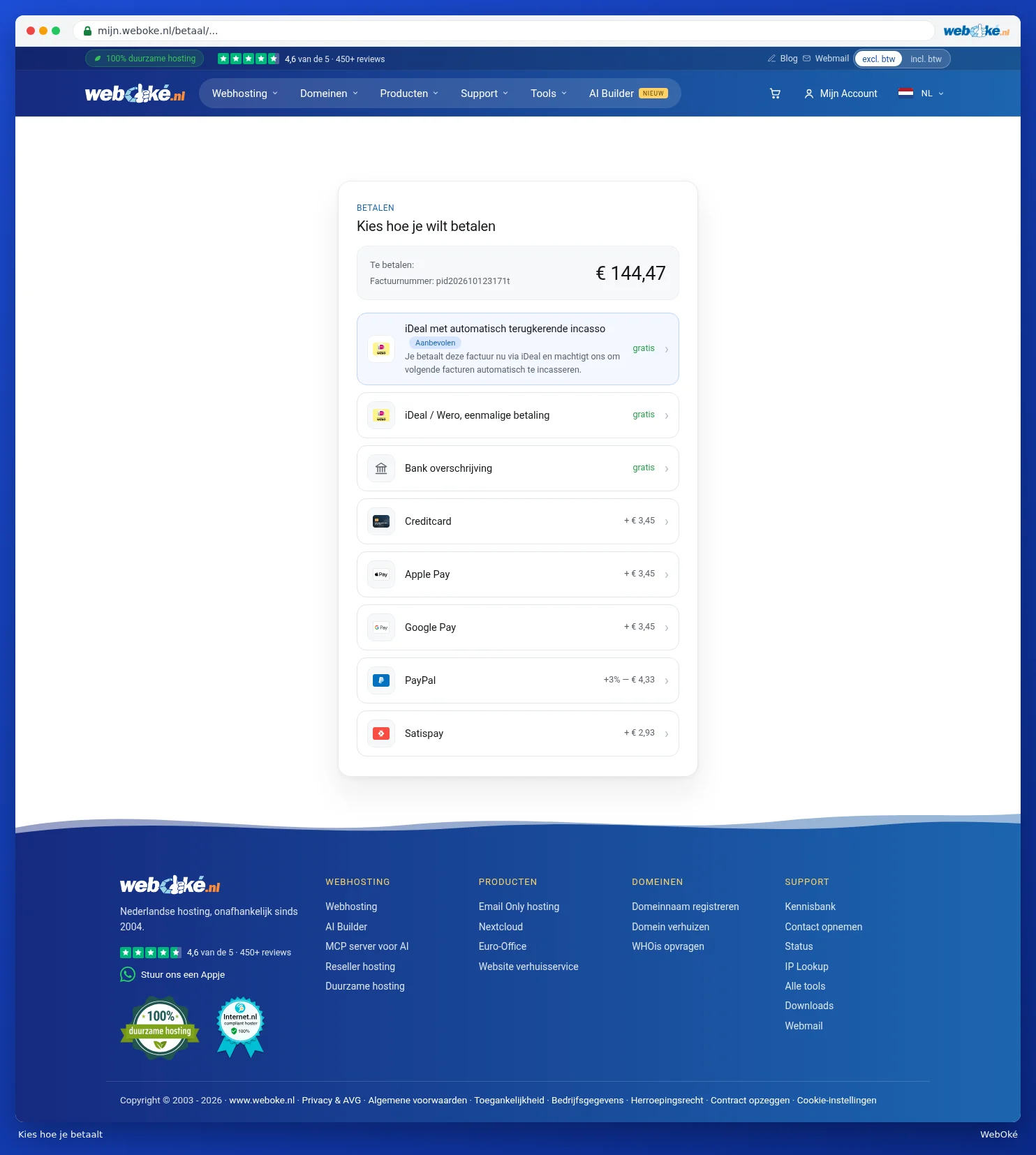 The payment screen with the payment methods