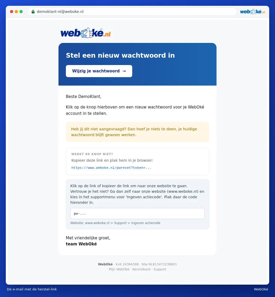 De e-mail Stel een nieuw wachtwoord in met de knop Wijzig je wachtwoord