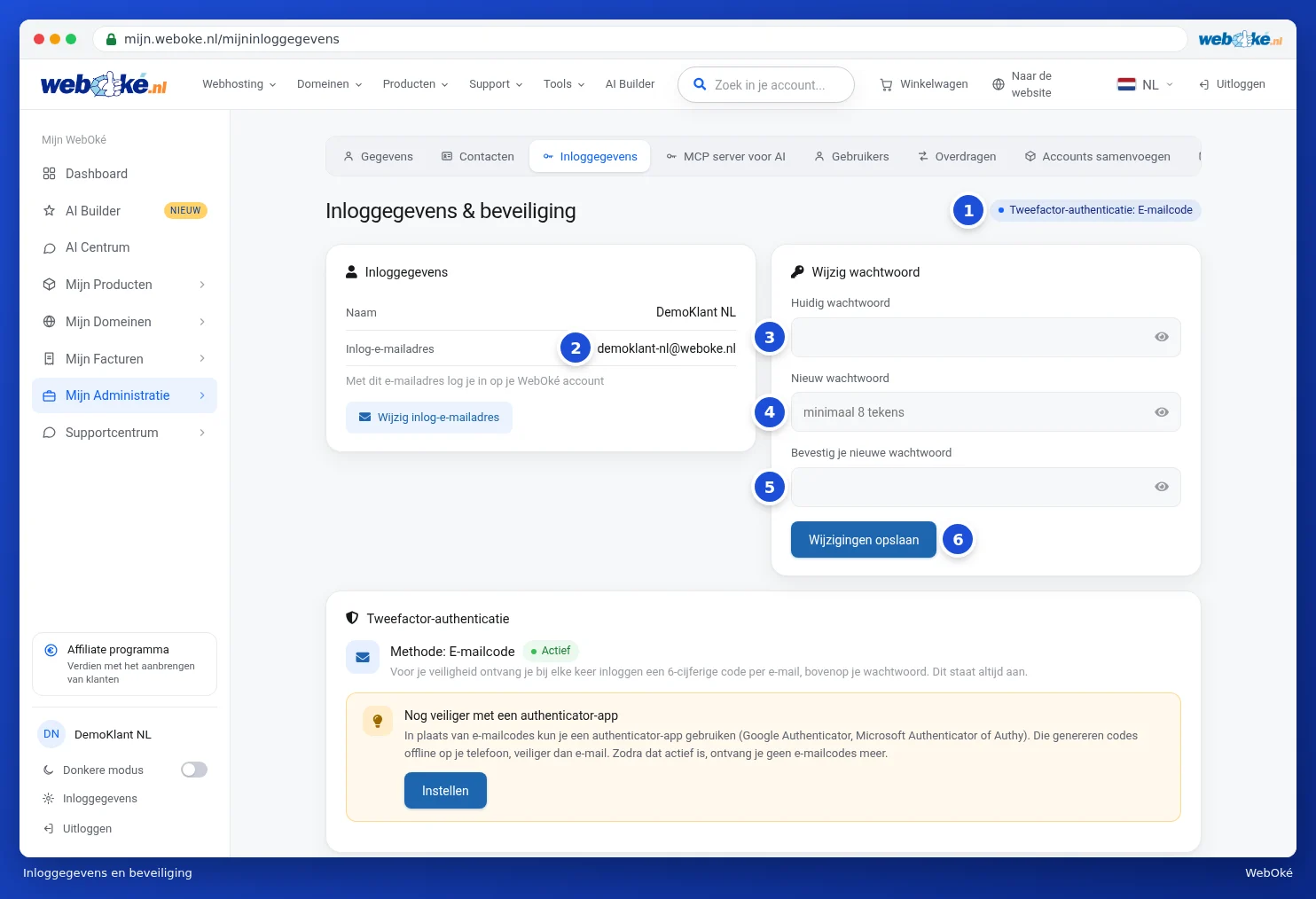 Het scherm Inloggegevens en beveiliging met het inlog-e-mailadres en de kaart Wijzig wachtwoord
