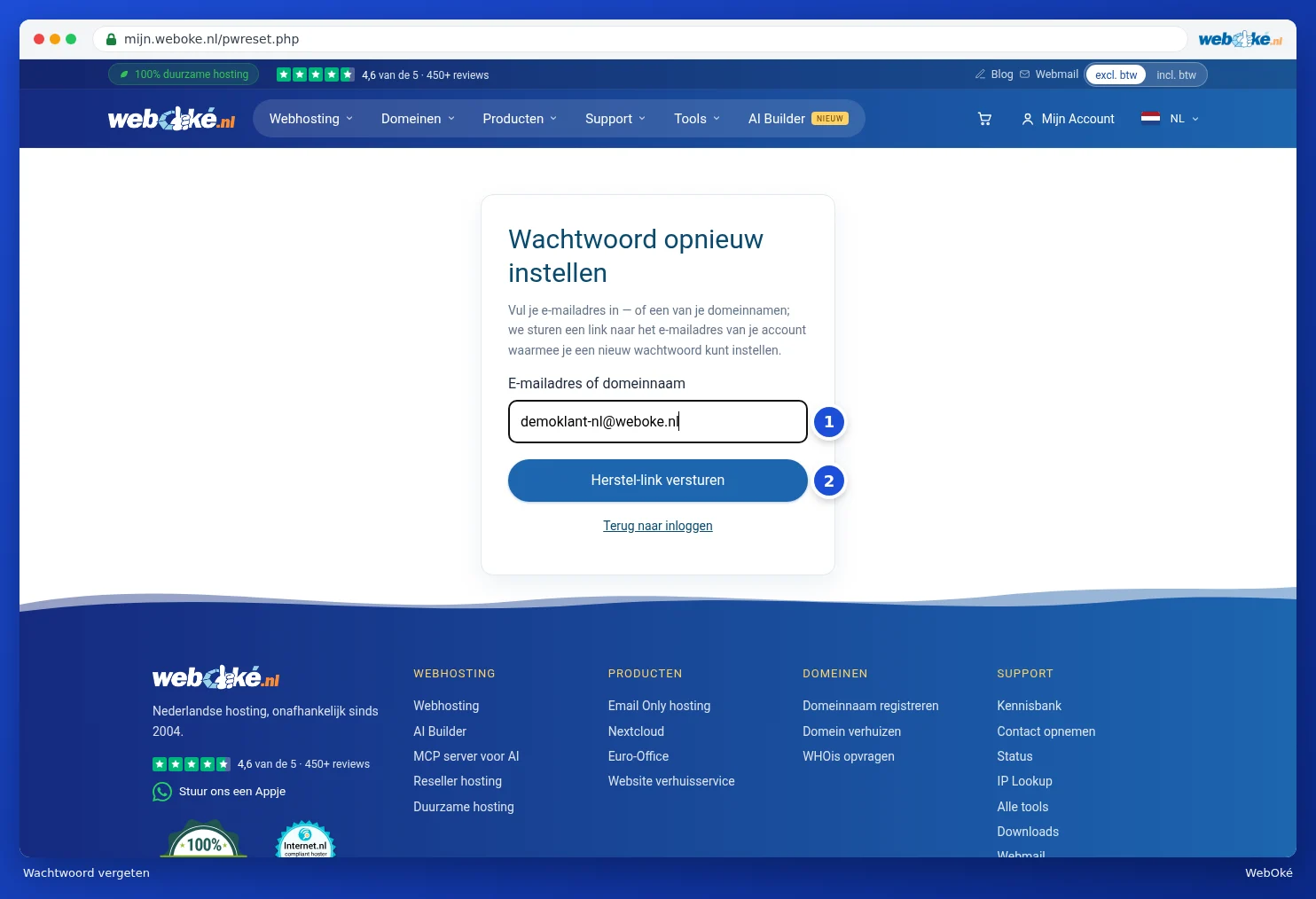 Het scherm Wachtwoord opnieuw instellen met het veld E-mailadres of domeinnaam