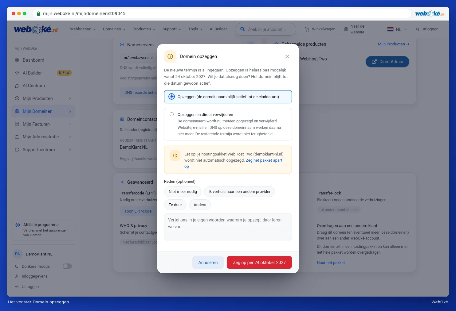 Das Fenster Domain kündigen mit den Optionen und den Gründen