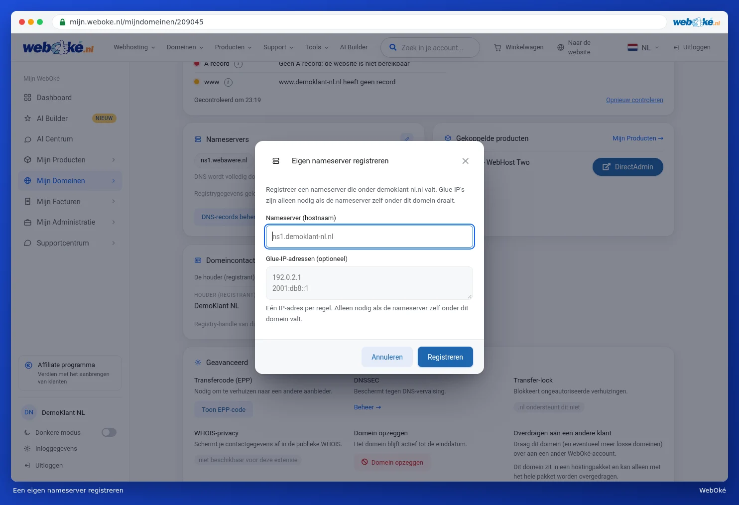 Het venster Eigen nameserver registreren