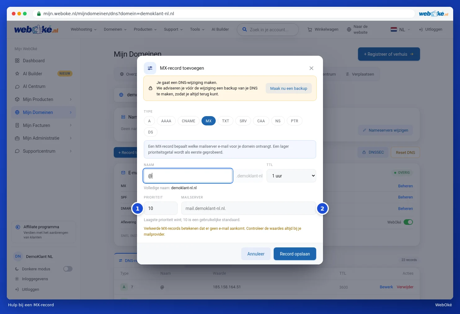 The Add MX record window with priority and mail server