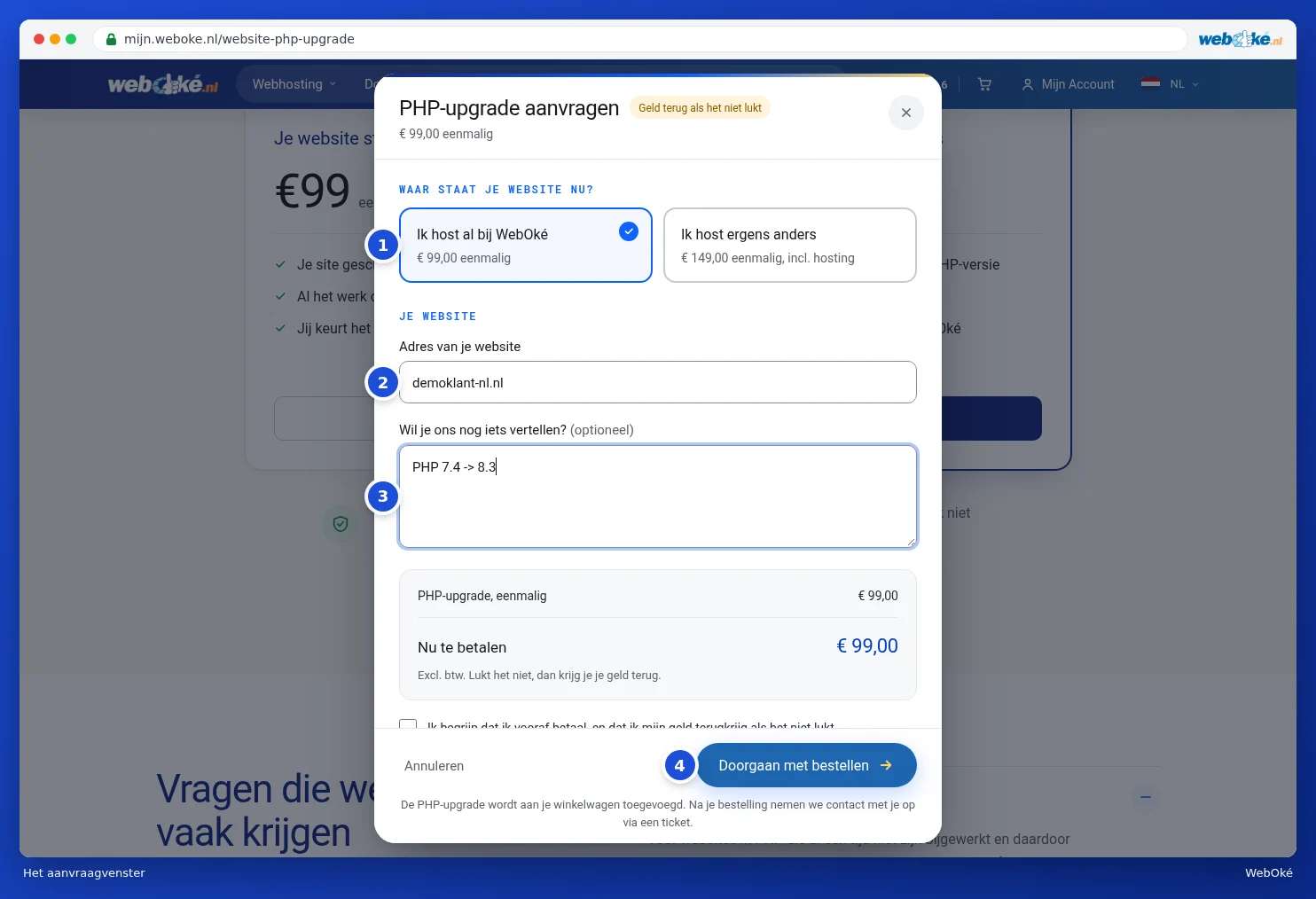 The Request a PHP upgrade window with the choice, the website address and an explanation