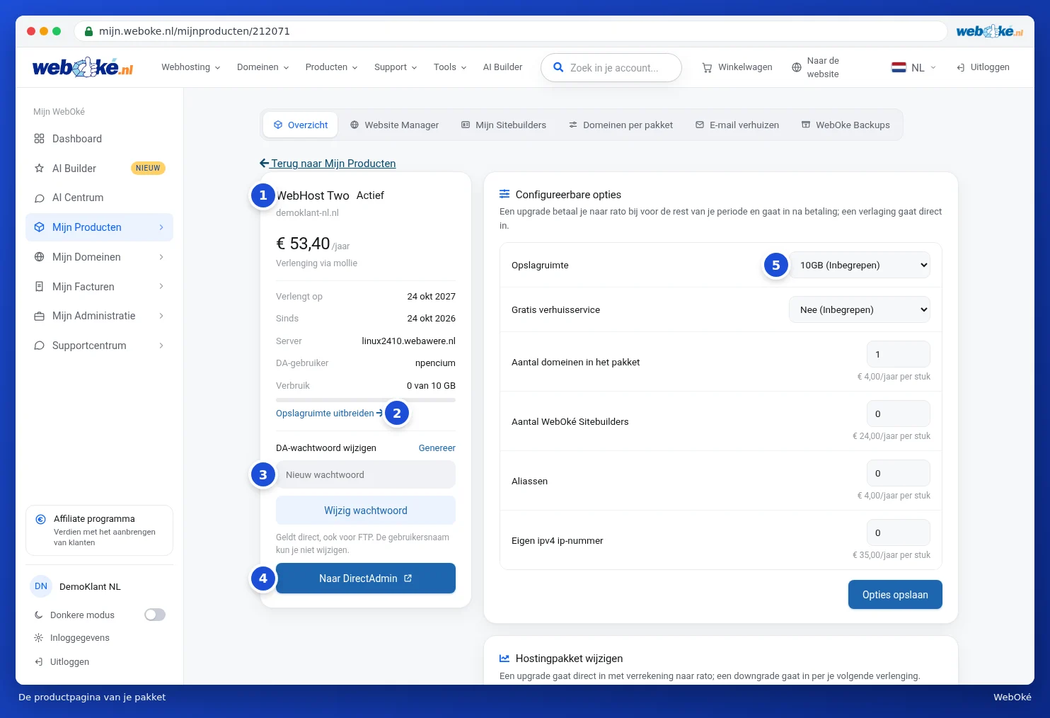 The product page of WebHost Two with the package details on the left and the configurable options on the right