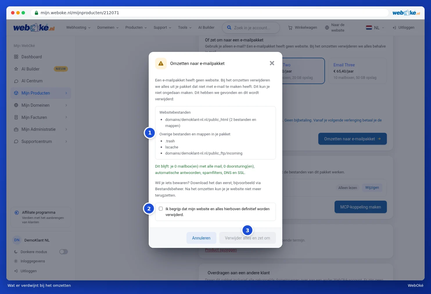 La finestra Convertire in pacchetto email con ciò che viene rimosso e ciò che rimane