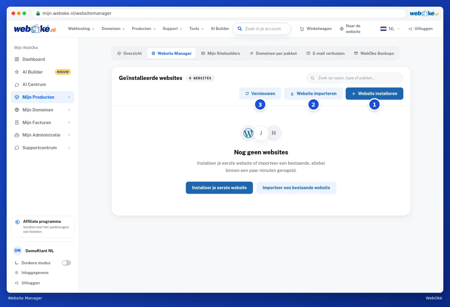 The Website Manager without any websites, with the Install website and Import website buttons