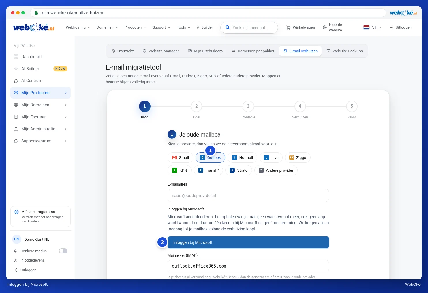 The first step with Outlook chosen and the Sign in with Microsoft button