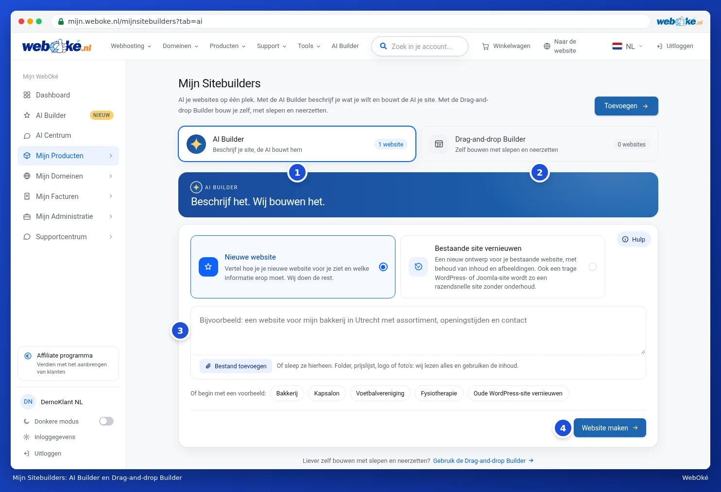 My Website Builders with the AI Builder and Drag-and-drop Builder tabs