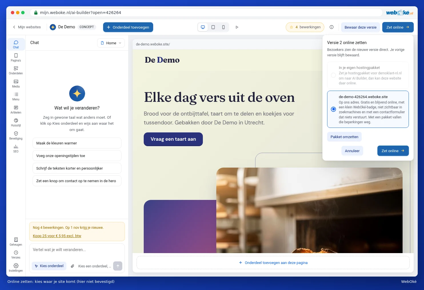 The window to publish version 1, with the choice between the free address or your own hosting package