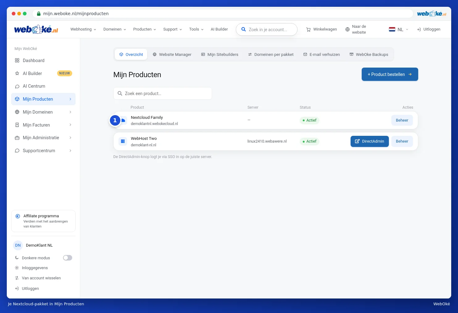 My Products with the Nextcloud Family package and the address at webokecloud.nl