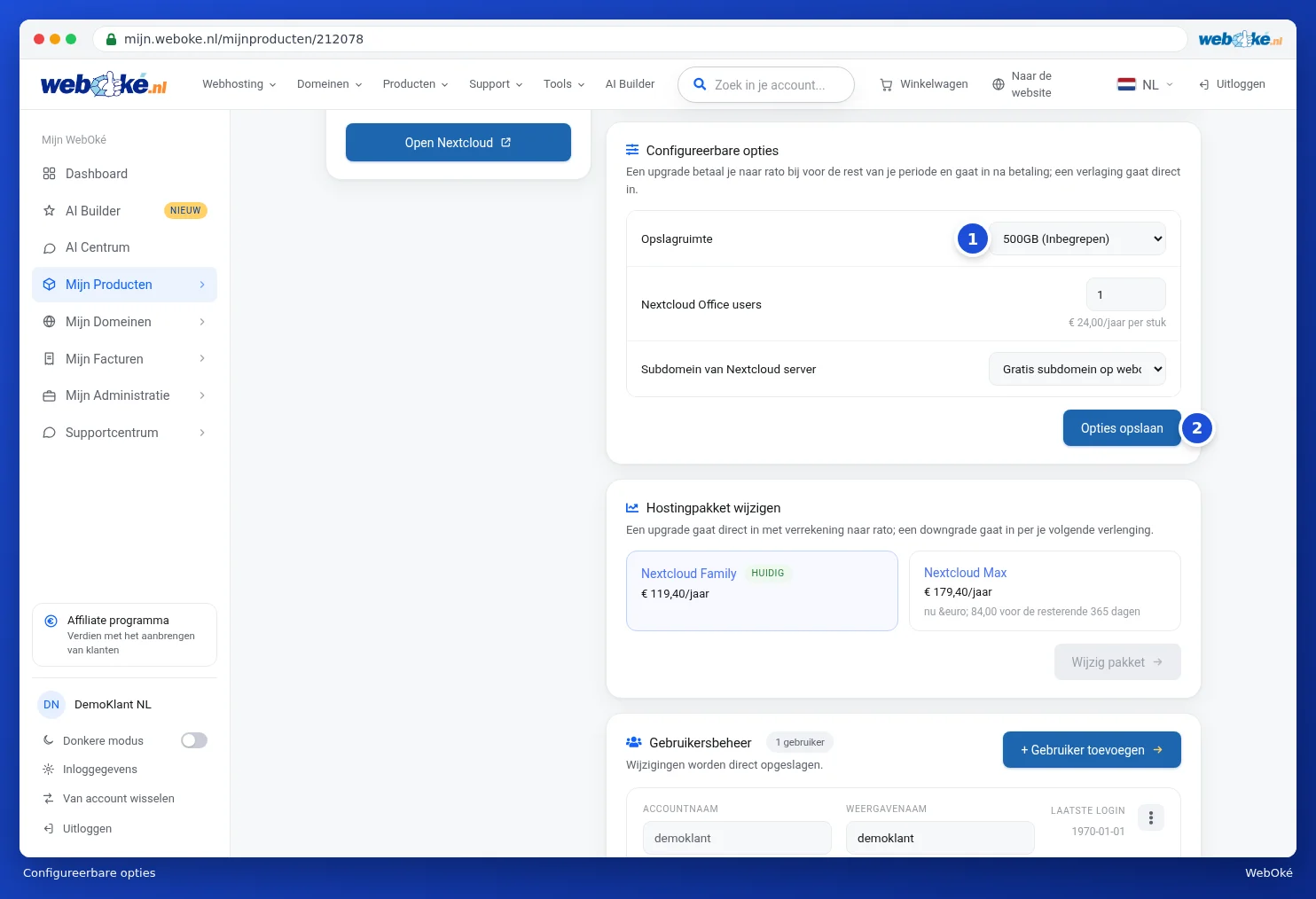 The Configurable options card with Storage space, Nextcloud Office users and the Save options button