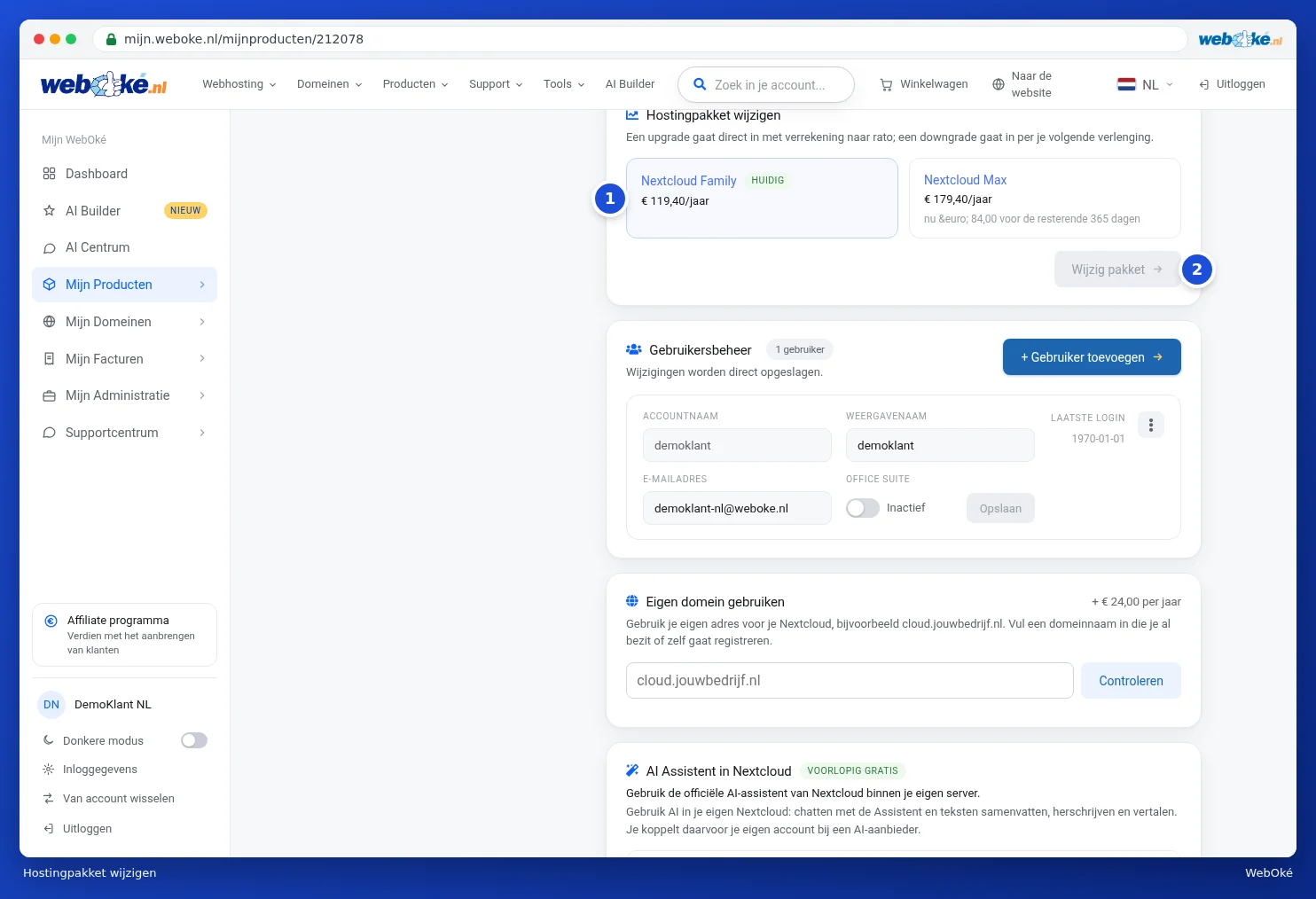 The Change hosting package card with Nextcloud Family as the current package and Nextcloud Max