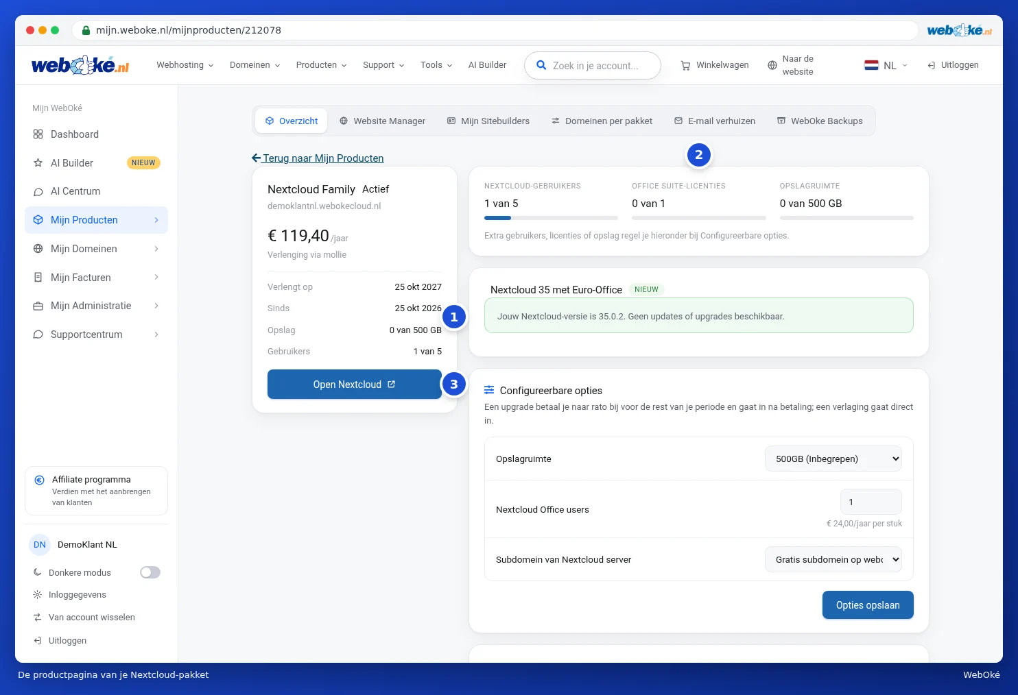 The product page of Nextcloud Family with the package details, the counters and the Open Nextcloud button