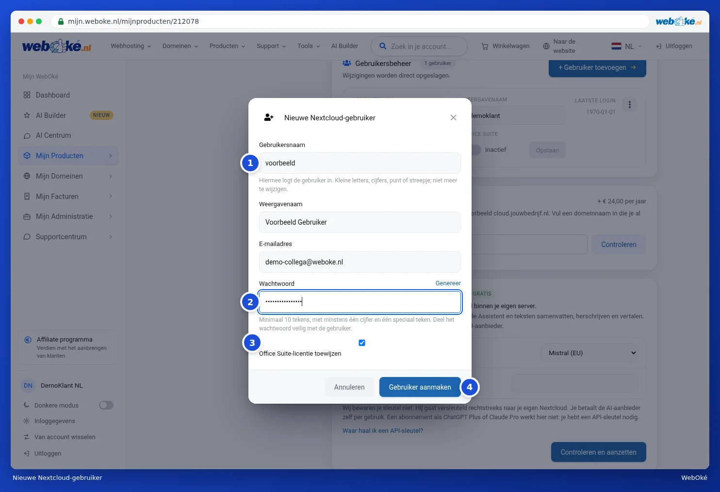 The New Nextcloud user window with username, display name, email address, password and the tick box for Office
