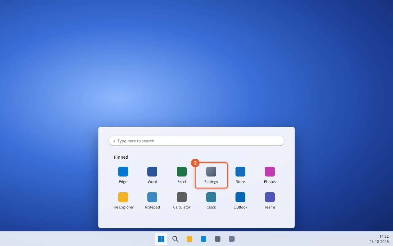 Startmenu met Instellingen gemarkeerd