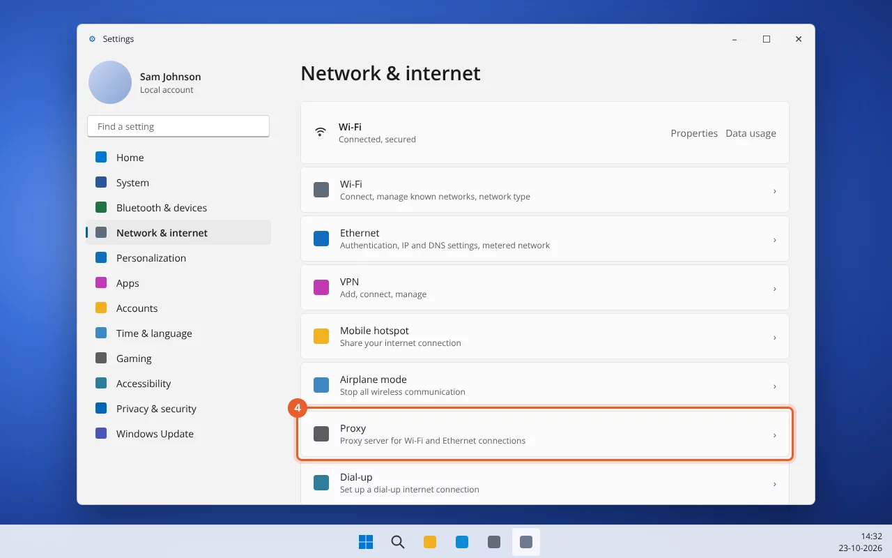 Netwerk en internet met Proxy gemarkeerd