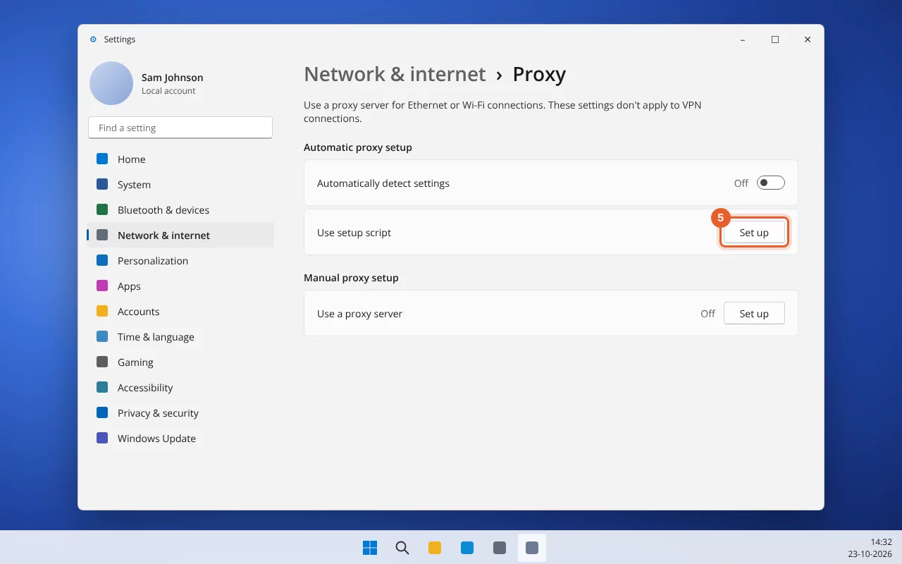 Proxy-pagina met de knop Instellen naast Installatiescript gebruiken gemarkeerd