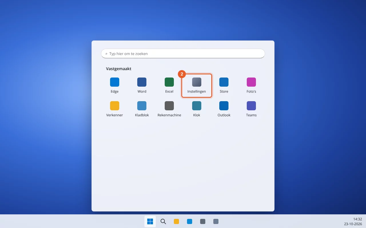 Startmenu met Instellingen gemarkeerd
