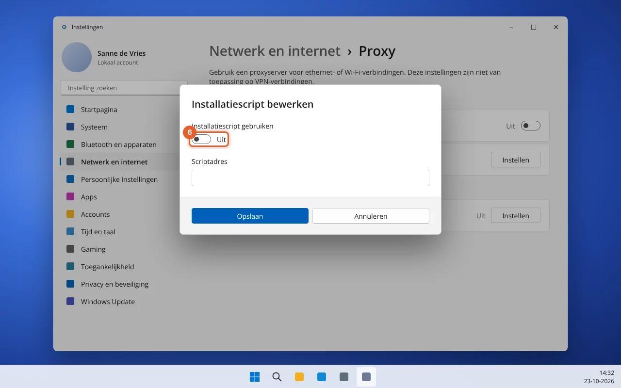 Venster Installatiescript bewerken met de schakelaar gemarkeerd