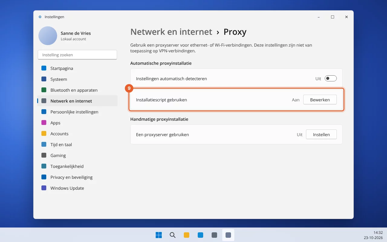 Proxy-pagina: Installatiescript gebruiken staat Aan